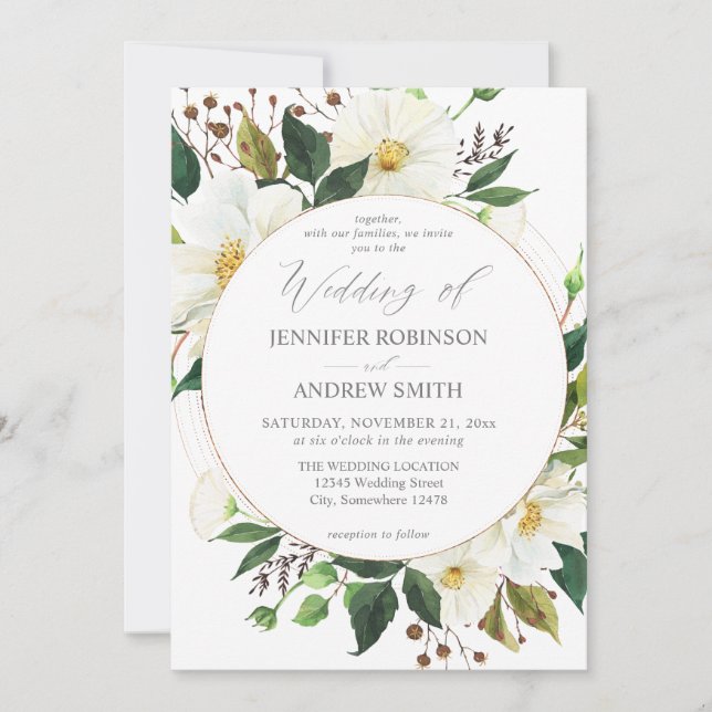 White Floral & Greenery 1 Wedding Invitation (Front)