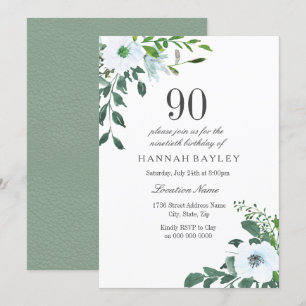 White Floral Greenery 90th Birthday Invitation