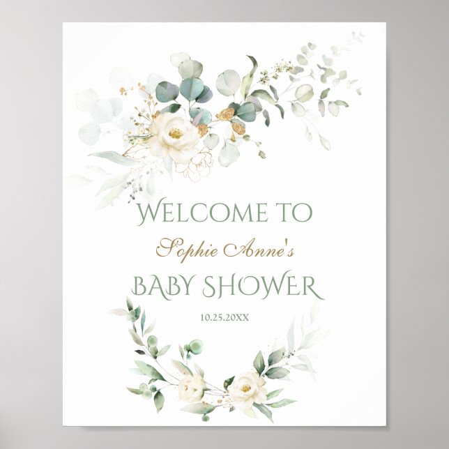 White Floral Greenery Baby Shower Welcome Sign (Front)
