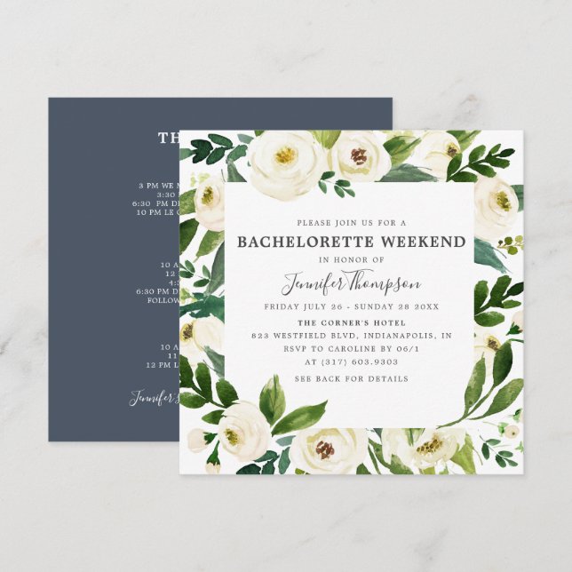 White Floral & Greenery Bachelorette Weekend Invitation (Front/Back)
