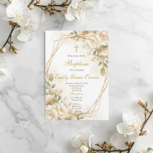 White floral greenery baptism invitation