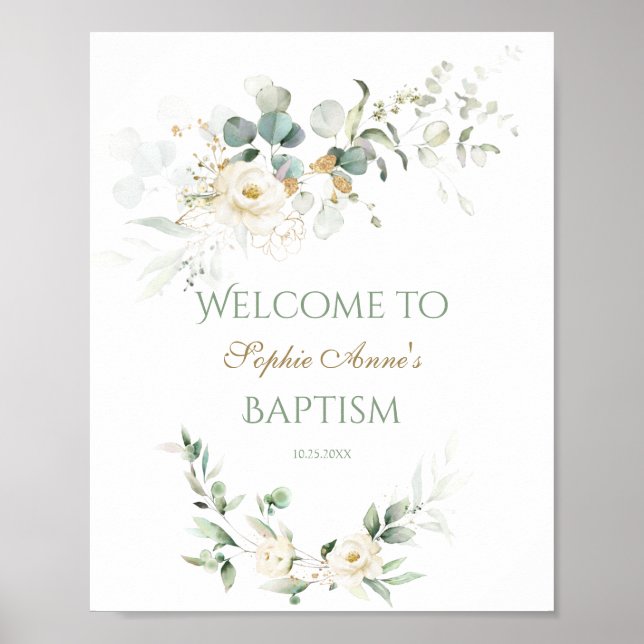 White Floral Greenery Baptism Welcome Sign (Front)