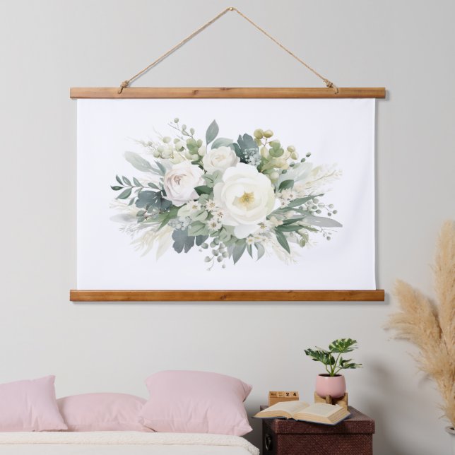 White Floral Greenery Botanical Watercolor  Hanging Tapestry (Bedroom)