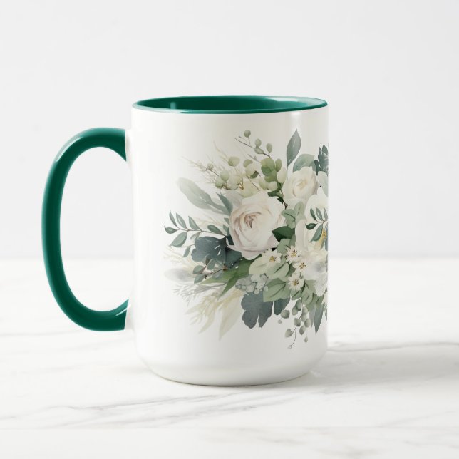 White Floral Greenery Botanical Watercolor  Mug (Left)