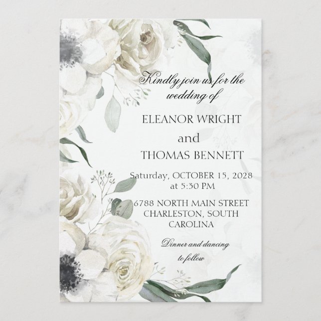 White Floral Greenery Botanical Wedding Invitation (Front)