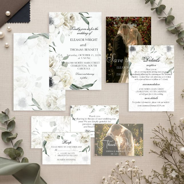 White Floral Greenery Botanical Wedding Invitation (Creator Uploaded)
