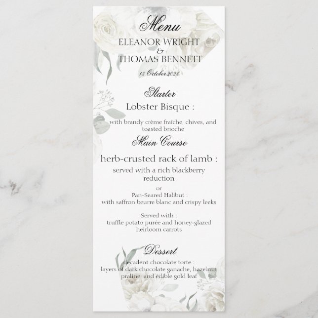 White Floral Greenery Botanical Wedding Menu Cards (Front)