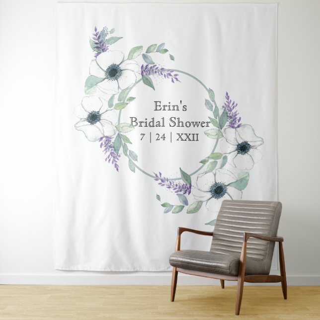 White Floral Greenery Bridal Shower Backdrop Tapestry (In Situ)