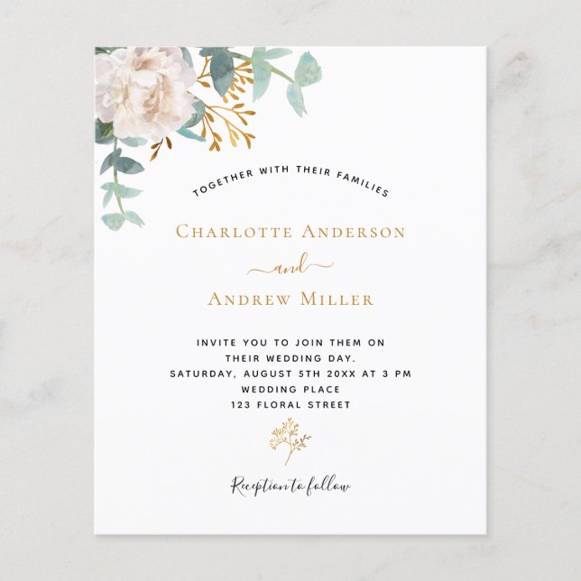 White floral greenery budget wedding invitation (Front)