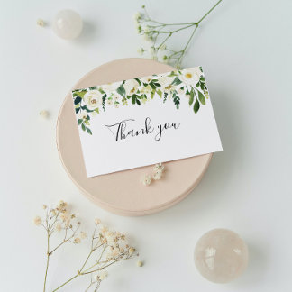 White Floral Greenery Calligraphy Thank you Card