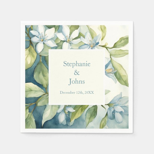  White Floral Greenery Dusty Blue Art Wedding 2024 Napkin (Front)
