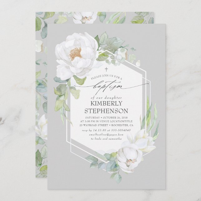 White Floral Greenery Elegant Baptism Invitation (Front/Back)