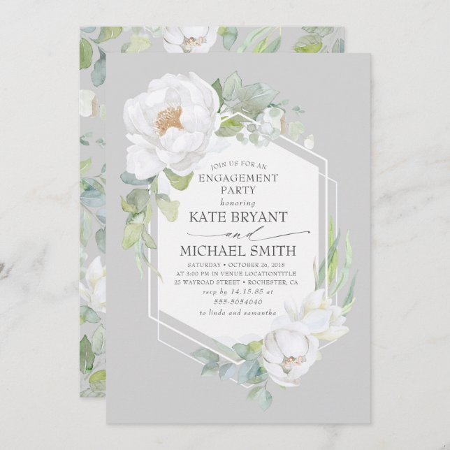 White Floral Greenery Elegant Engagement Party Invitation (Front/Back)