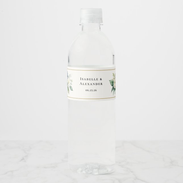 White Floral Greenery Elegant Personalized Wedding Water Bottle Label (Front)