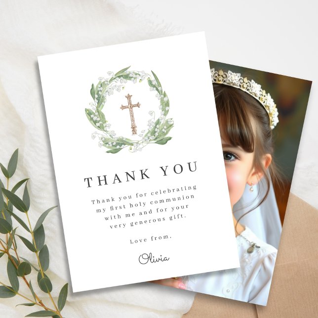 White Floral Greenery First Communion Photo Thank You Card (Creator Uploaded)
