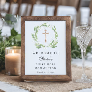 White Floral Greenery First Communion Welcome Poster