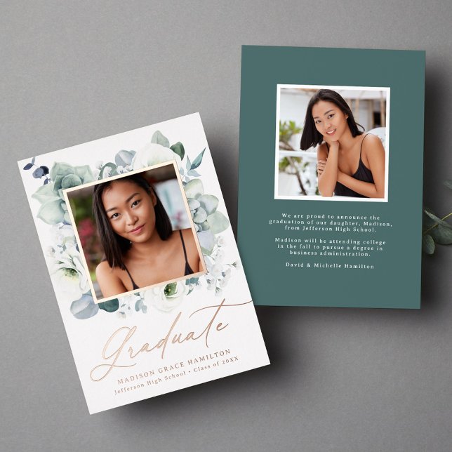 White Floral Greenery Foil Graduation Announcement (Creator Uploaded)
