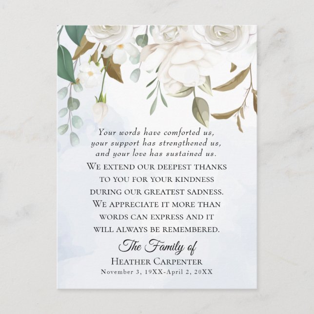 White Floral Greenery Folded Funeral Thank You Postcard (Front)