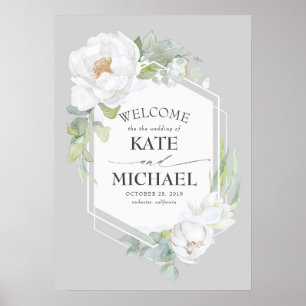 White Floral Greenery Geometric Wedding Welcome Poster