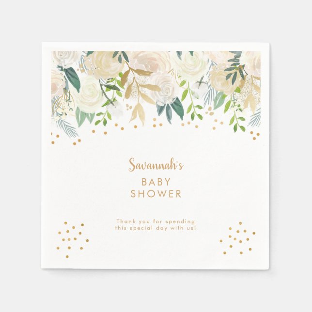 White Floral Greenery + gold confetti Napkin (Front)