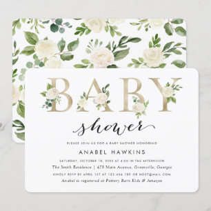 White Floral Greenery Gold Foil Baby Shower Invitation