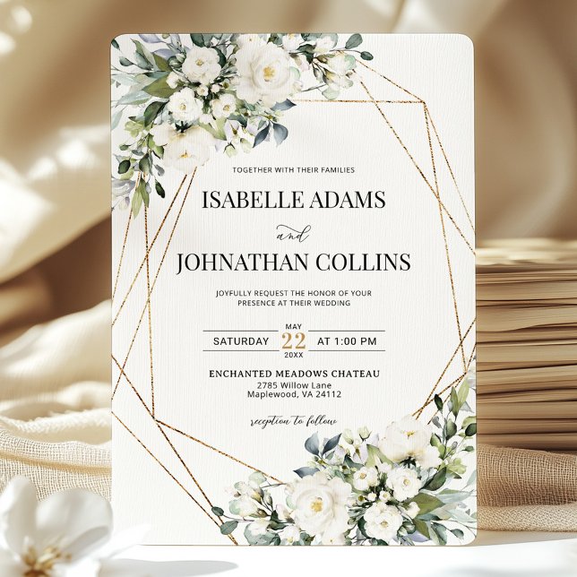 White Floral Greenery Gold Geometric Frame Wedding Invitation (Creator Uploaded)