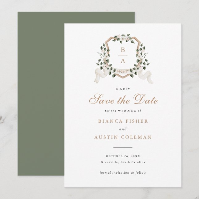 White Floral Greenery Ivy Crest Wedding Save Date Invitation (Front/Back)