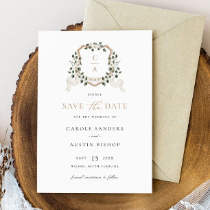 White Floral Greenery Ivy Crest Wedding Save Date Invitation