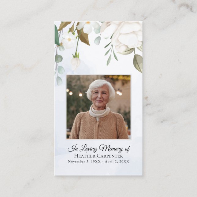 White Floral Greenery Laminated Photo Funeral Card (Front)