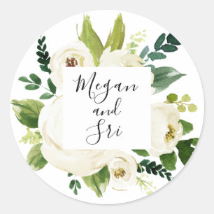 White Floral Greenery Modern Calligraphy Classic Round Sticker
