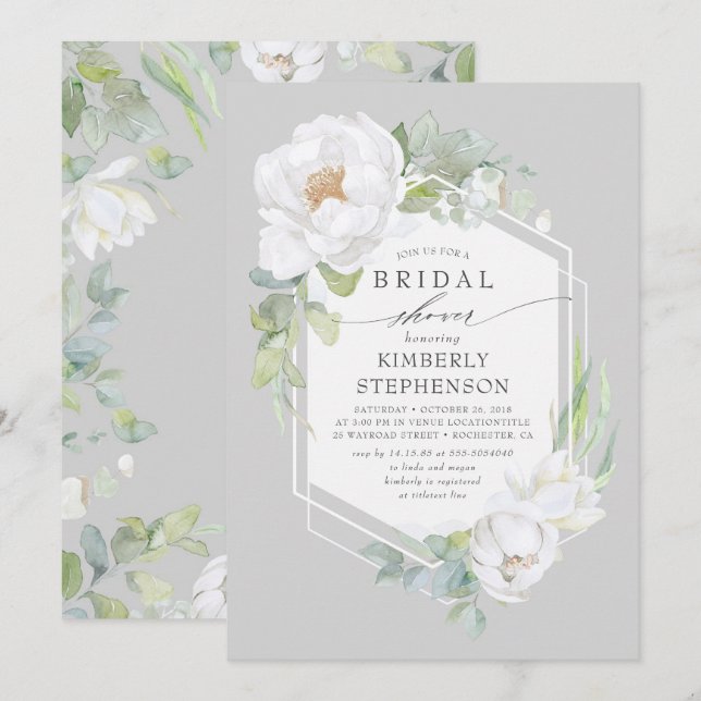 White Floral Greenery Modern Elegant Bridal Shower Invitation (Front/Back)