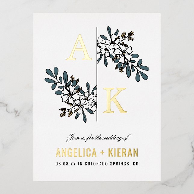 White Floral Greenery Monogram Wedding Gold Foil Invitation Postcard (Front)