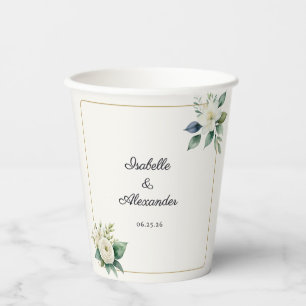 White Floral & Greenery Personalised Wedding Paper Cups