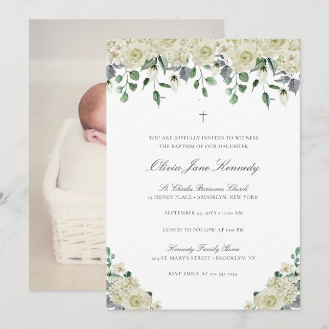 White Floral & Greenery Photo Baptism Invitation (Front/Back)
