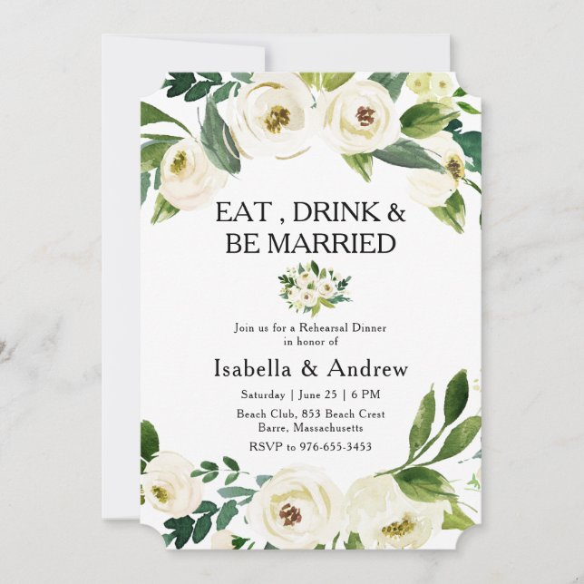White Floral Greenery Rehearsal Dinner Invitation (Front)