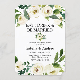 White Floral Greenery Rehearsal Dinner Invitation