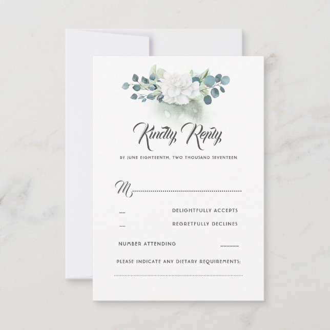White Floral Greenery Romantic Wedding RSVP (Front)