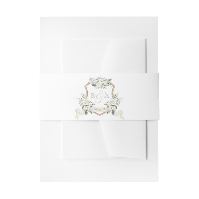 White Floral Greenery Sage Monogram Crest Wedding Invitation Belly Band (Front Example)