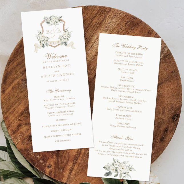 White Floral Greenery Sage Monogram Crest Wedding Programme (Creator Uploaded)