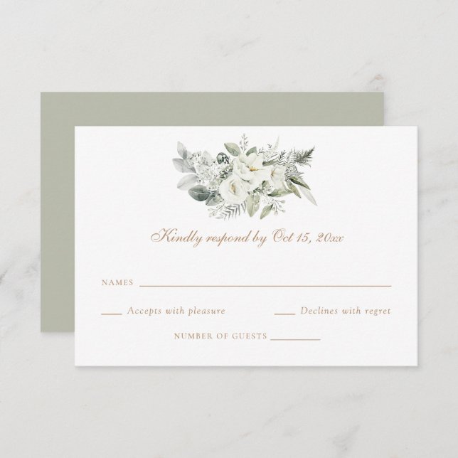 White Floral Greenery Sage Wedding RSVP Card (Front/Back)