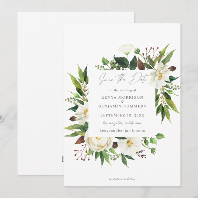 White Floral & Greenery Save the Date Invitation (Front/Back)