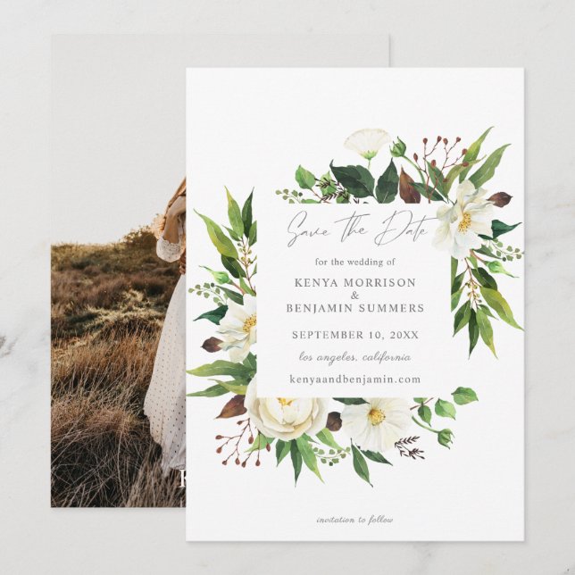 White Floral & Greenery Save the Date Photo Invitation (Front/Back)
