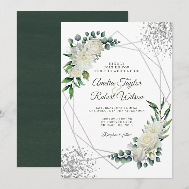 White Floral Greenery Silver Frame Invitation (Front/Back)