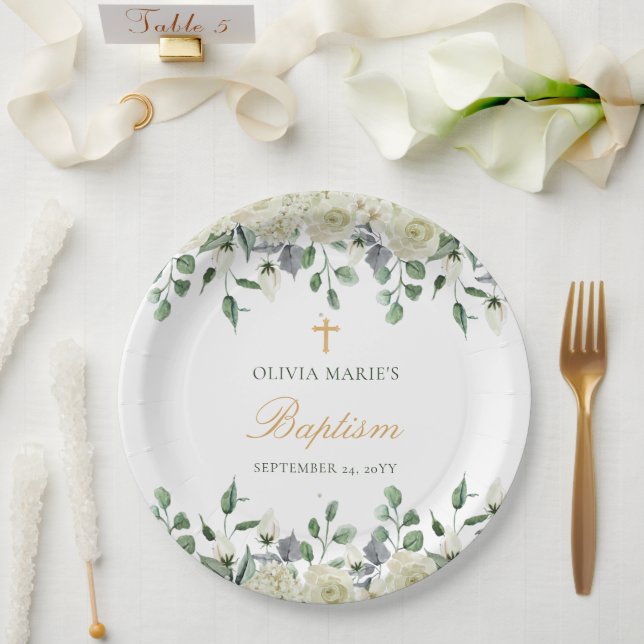 White Floral Greenery Simple Modern Baptism Paper Plate (Wedding)