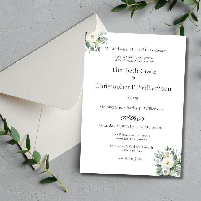 White Floral Greenery Traditional Formal Wedding Invitation (White Floral Greenery Wedding Invitation Elegant Traditional Formal Classic Grooms parents names)