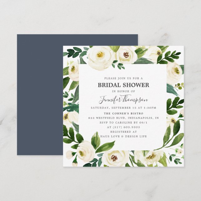 White Floral & Greenery Watercolor Bridal Shower Invitation (Front/Back)