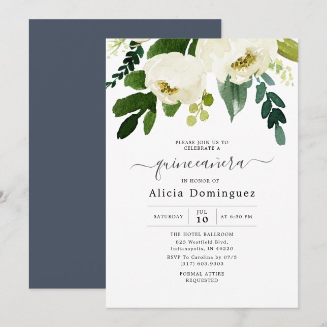 White Floral & Greenery Watercolor Quinceañera Invitation (Front/Back)