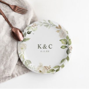 White Floral Greenery Wedding Bridal Shower Paper Plate