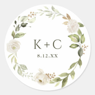 White Floral Greenery Wedding Classic Round Sticker