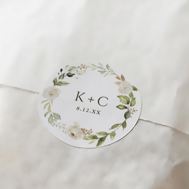 White Floral Greenery Wedding Classic Round Sticker (Elegant greenery wedding favor tags white floral watercolor)